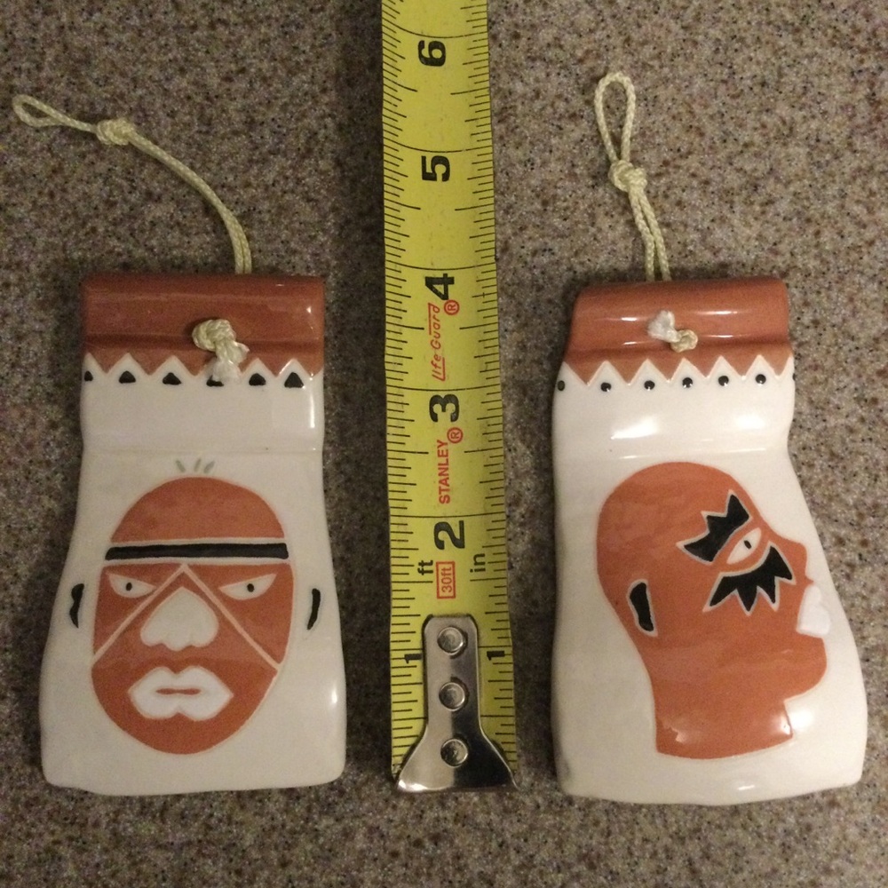 Vintage Ceramic Wall Pocket Pair with Masked Faces - White & Terracotta